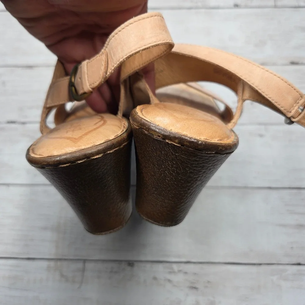 Born D91516 CCK15 Leather Wedge Slingback Sandals Women 12 Tan Nude Boho Comfort